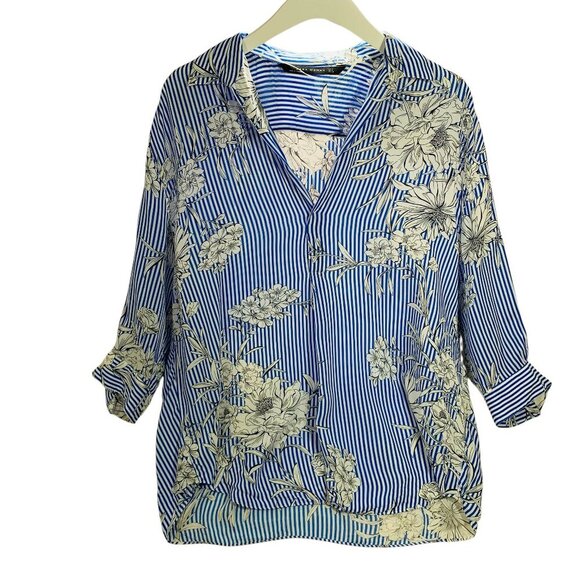 Zara  Women's blouse top  Blue White Stripe Floral Flowy Blouse size med - Picture 1 of 15